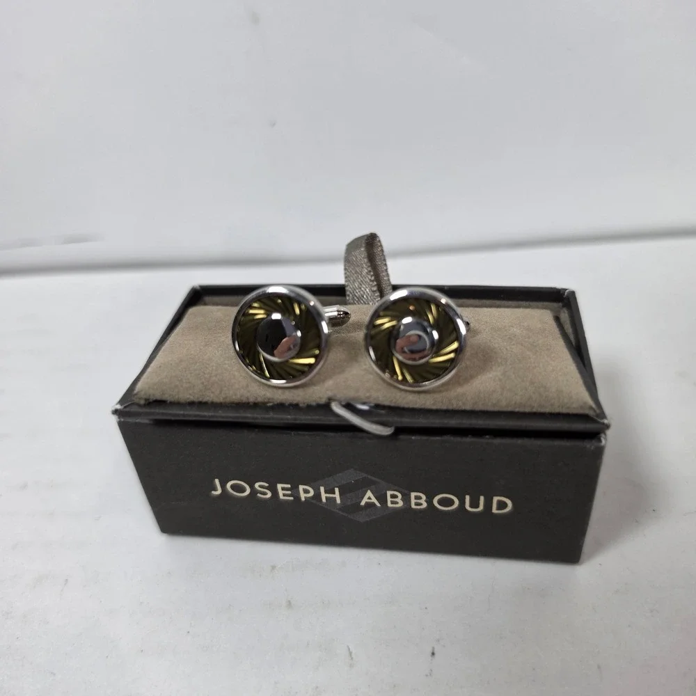 Joseph Abboud Mens Round Sunburst Inlay Silver‎ Tone Cufflinks with Box
